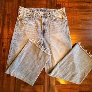 & Denim Wide Leg, Ultra High Waist Jeans, Raw Hem, Size 14, Fun, Young